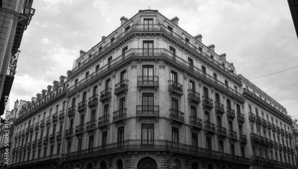 Obraz premium Detailed view of a historic European apartment building featuring many balconies, showcasing old-world architecture in an urban setting