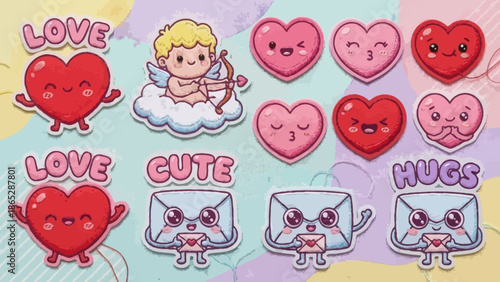 A colorful vector graphic illustration of cute cartoon hearts and Cupid for Valentine's Day