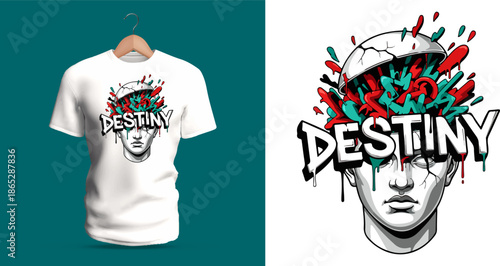 This vector T-shirt design features a stylized head with red and teal paint bursts erupting from the top, illustrated with bold outlines, cracked textures, and expressive shadows