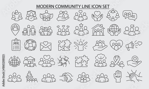 Modern Community Line Icon Set – Social Group, Teamwork, Support & Network Outline Icons