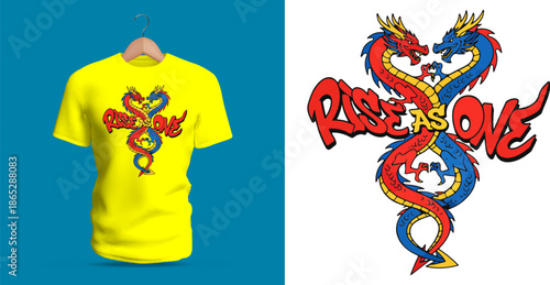 This vector T-shirt artwork features two intertwined dragons illustrated in vibrant red and blue tones, forming an elegant symmetrical shape. With flowing scales, curved bodies, and sharp detailing,