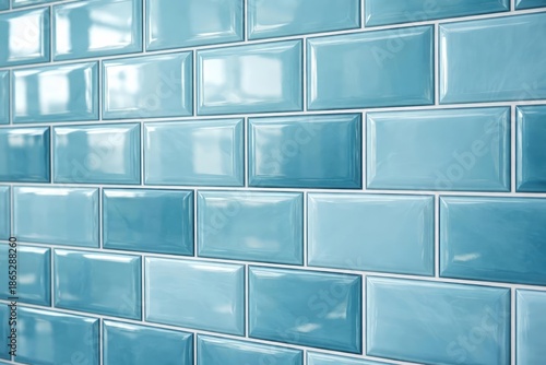 Close up of smooth blue glass tile wall for modern bathroom or kitchen decor