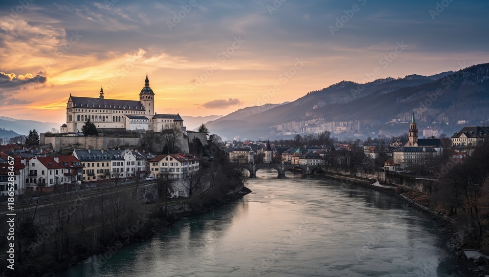 Fototapeta premium Salzburg cityscape with historic fortress and river, ideal for editorial header design