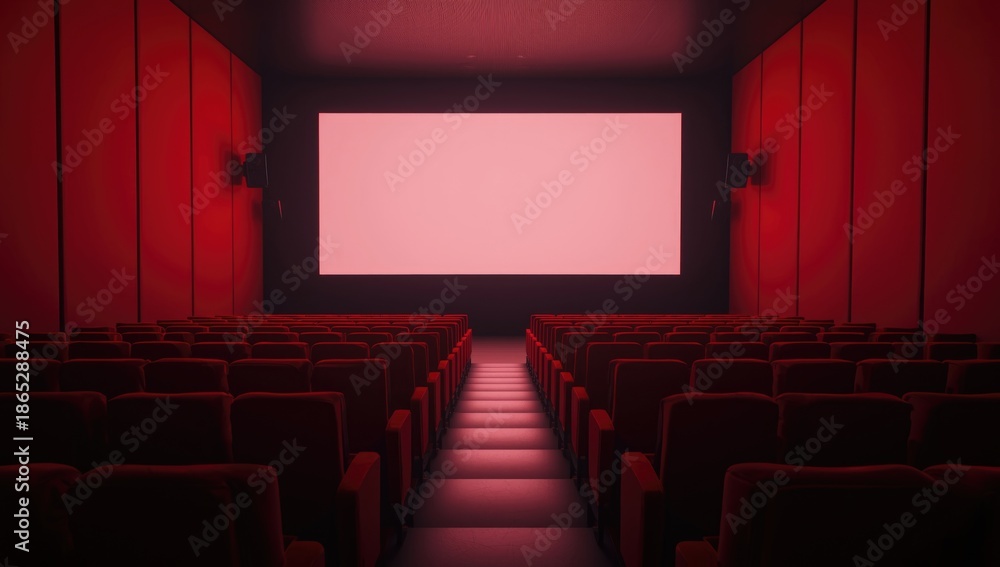 Fototapeta premium Interior of a movie theater showing rows of red seats before a projection screen, ideal for UI backdrop or layout planning
