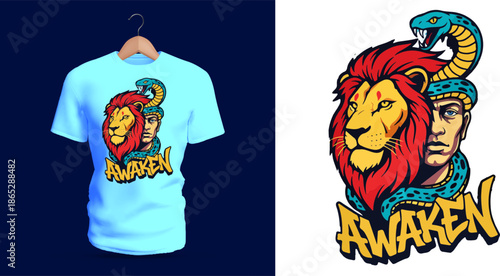 This vector T-shirt artwork features a lion head and a woman's face merged together, accompanied by a coiled snake around the composition. Vibrant yellow, red, and teal tones enhance the dynamic