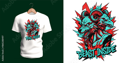 This vector T-shirt design features a monstrous goat-like creature with sharp horns, glowing eyes, jagged fur, and aggressive expression. Illustrated in vivid red and teal bursts, the bold graffiti