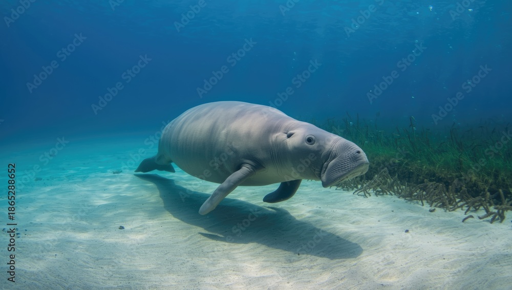 Fototapeta premium Dugong diving through shallow coastal waters, highlighting marine ecosystem preservation