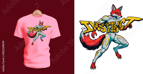 This vector T-shirt design shows an anthropomorphic fox warrior with muscular anatomy, red-and-blue fur, and a dynamic fighting stance. The bold graffiti-style text “Instinct” reinforces the wild,