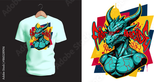 This vector T-shirt artwork shows a blue muscular dragon warrior with fiery red and yellow splashes behind it, illustrated with strong anatomy, sharp horns, and glowing eyes. The bold graffiti-style