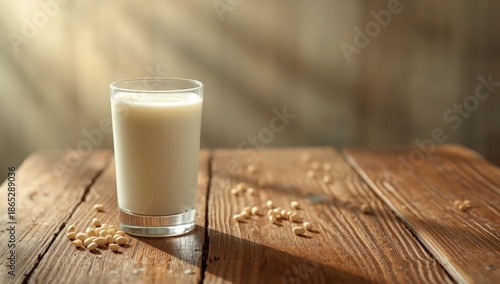 Soy milk served in a glass with soybeans on a wooden surface, highlighting plant-based beverages, morning light, health focus