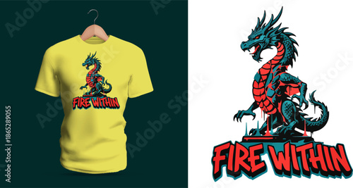 This vector T-shirt design features a small stylized dragon sitting upright with red chest plating, blue scales, and glowing eyes. The creature’s confident pose and warm fiery accents complement