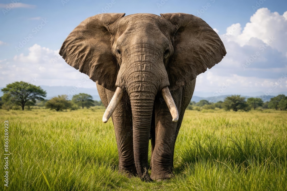 Fototapeta premium Front perspective of a bull elephant towering over green grasslands