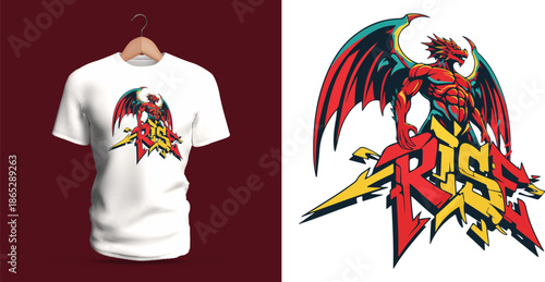 This vector T-shirt artwork shows a winged red dragon standing upright in a heroic pose with sharp claws, large wings, and vibrant yellow accents. The graffiti-style text “Rise” beneath the creature