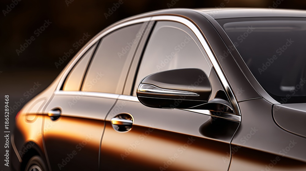 Fototapeta premium A black car with a chrome trim and a chrome grille. The car is parked on a street