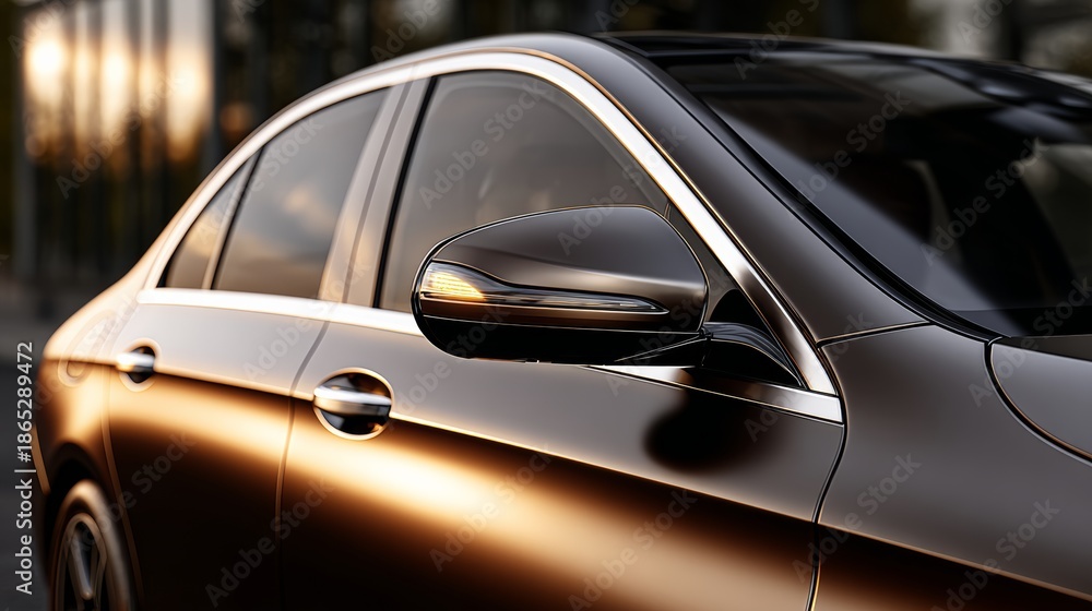 Obraz premium A black car with a shiny chrome trim and a bright yellow light on the side. The car is parked on a street at dusk