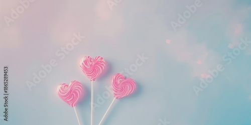 Three pink heart-shaped lollipops arranged on a pastel grey and blue backdrop for a love concept, candy presentation