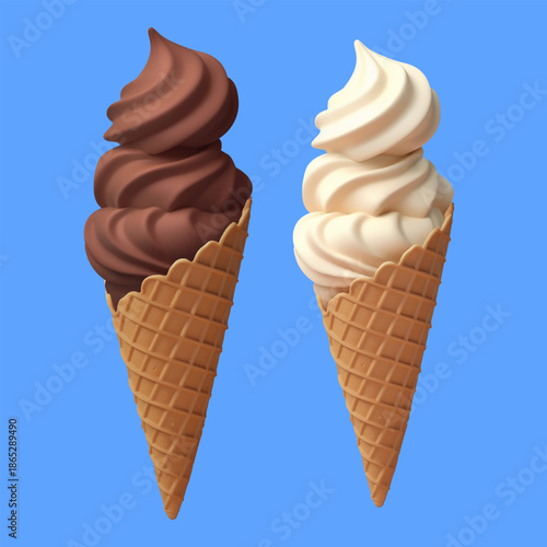 Set Soft serve chocolate and vanille ice cream swirl in wafer style cone. Chocolate 3d realistic vector icons. Vector illustration of swirl ice cream in waffle cone on blue color background. Sweet