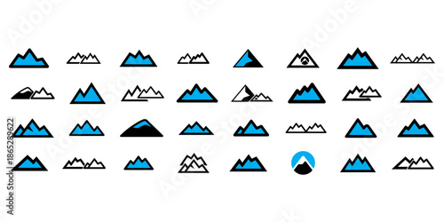 Minimalist mountain range icons in blue and black on white background