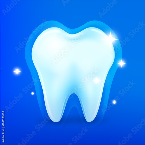 Realistic Tooth 3D, illustration for dehealthntistry. Oral care, caries protection. Shiny vector tooth on a blue background. Medicine, dentistry,