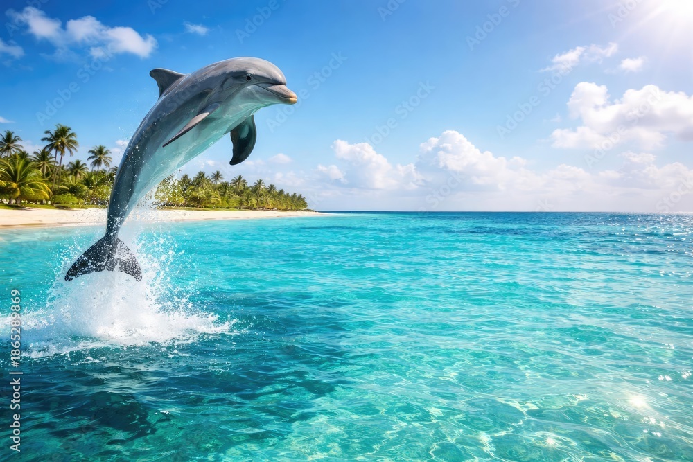 Obraz premium Friendly dolphin leaping from warm Caribbean water with copyspace for text