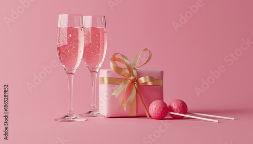 Pink background with champagne, love gift, and lollipops, suitable for Valentine's Day greeting card design, focusing on intimate details