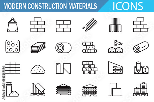 Construction Industry Icons Set with Infrastructure Materials