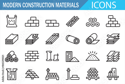 Modern Construction Materials Icon Set Line Style Vector