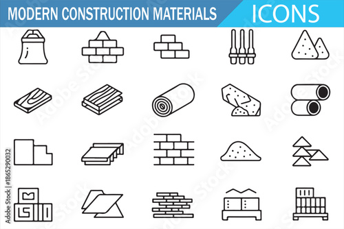 Modern Construction Materials Icons Set in Line Style with Building Supplies, Industrial Materials, Bricks, Cement, Steel and Infrastructure Elements Vector