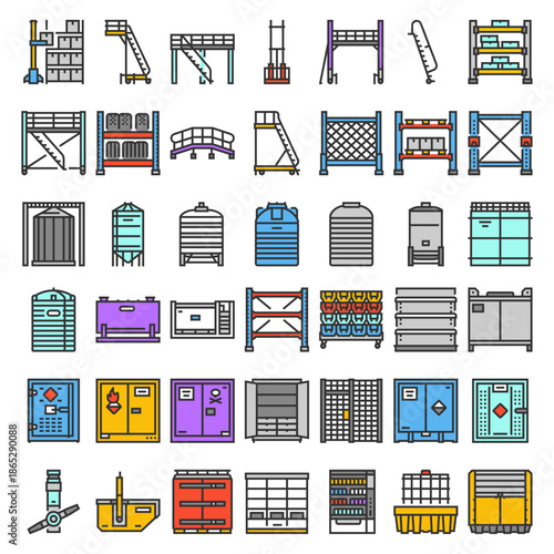 Warehouse Storage & Racking icon set. Metal racking system. Pictogram of industrial storage equipment: tank, platform, lift, access stair, hopper, silo, storage cabinet.