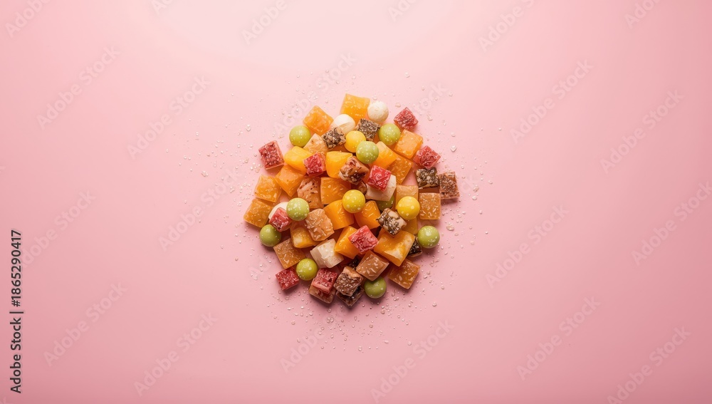 Fototapeta premium Assorted candies with bright hues on pink backdrop, Ramadan sweets, dessert presentation