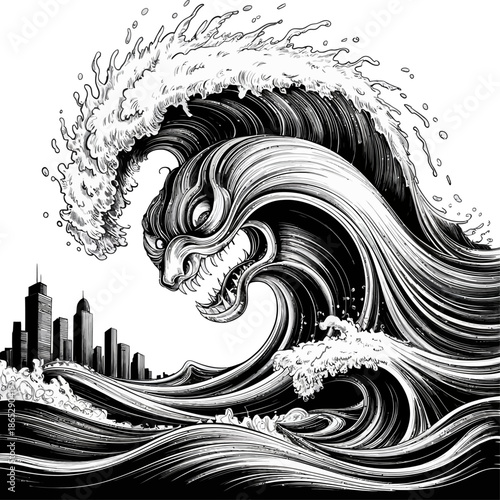 Massive monochrome tsunami wave curls violently near a city skyline symbolizing catastrophic flooding danger and nature’s unstoppable power