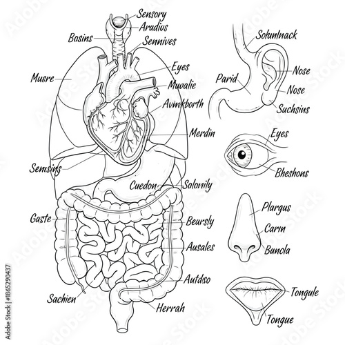 Human Body Anatomy Diagram with Labeled Organs and Features