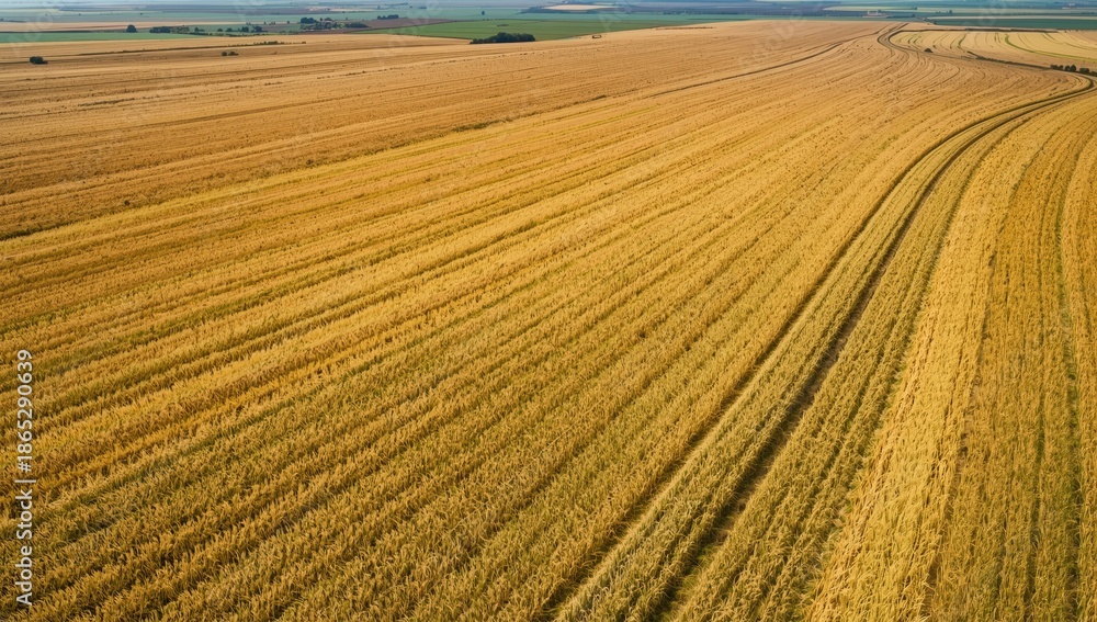 Fototapeta premium Top-down view of a wheat farm with visible tractor paths, highlighting crop cultivation, Global Agriculture Awareness Day