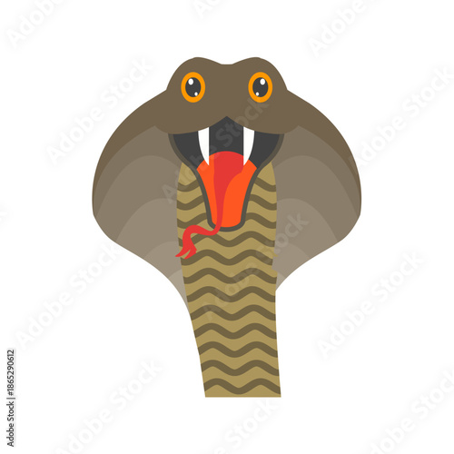 Aggressive cobra head vector illustration, flat cartoon venomous snake with open hood, fangs and red tongue, isolated reptile face icon for scary mascot designs, stickers, apps and game avatars


