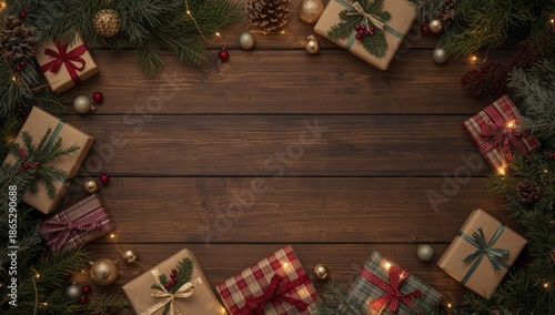 Holiday-themed gifts and ornaments arranged on wood, suitable for seasonal layout or greeting card