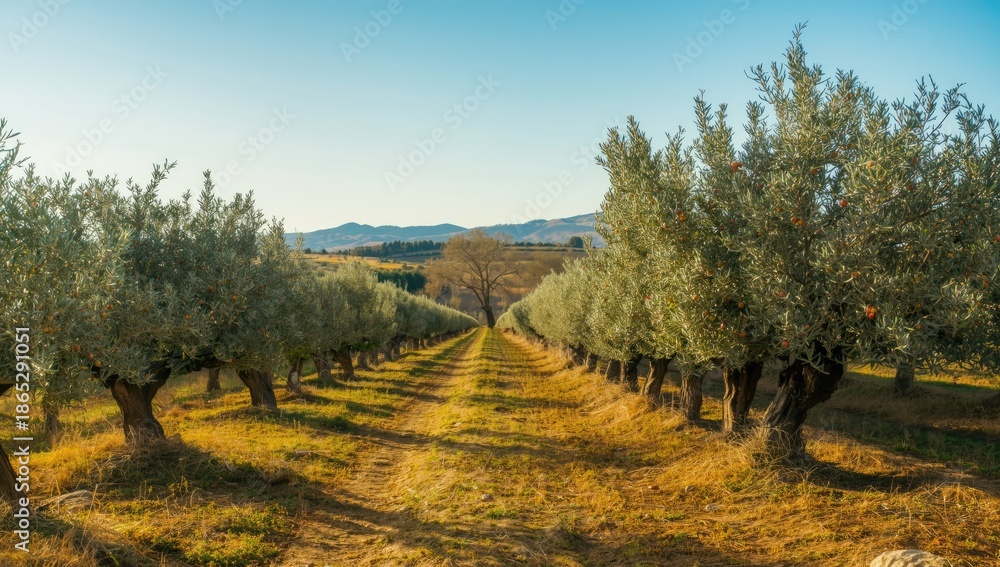 Fototapeta premium Olive trees in a Mediterranean farm setting, cultivated for natural oil extraction, focusing on sustainable agriculture practices