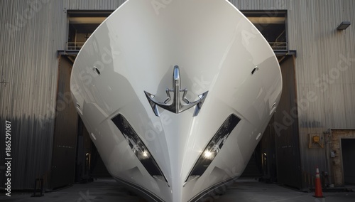 Detailed view of a superyachts bow on dry dock, highlighting stainless steel anchor and bulbous design, for vessel repair procedures