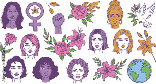 Diverse Women Portraits Floral Symbols Gender Equality