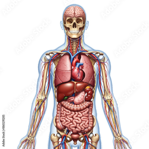 Human Body Anatomy Illustration with Skeleton, Organs, and Vascular System