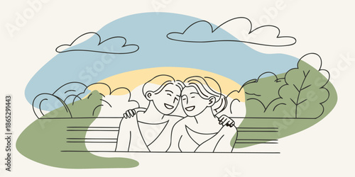 Friends on a Sunset Park Bench