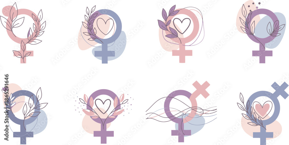 Fototapeta premium Eight Flat Color Gender Symbols with Hearts and Crossed Out Variations