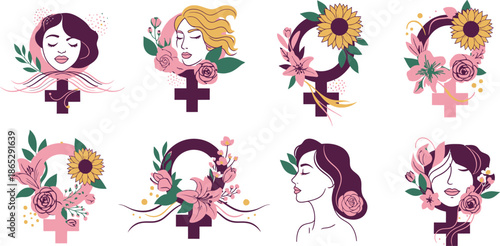 Eight Feminine Faces with Floral Crowns and Sunflowers Portraits