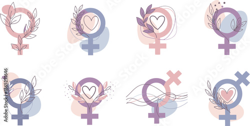 Eight Flat Color Gender Symbols with Hearts and Crossed Out Variations