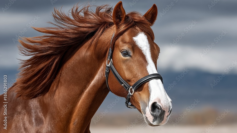 Fototapeta premium A brown horse with a black bridle and white markings on its face. The horse is running in a field with a cloudy sky in the background