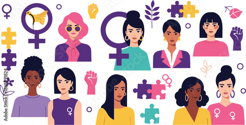 Flat Diverse Women Portraits with Gender Symbols and Nature