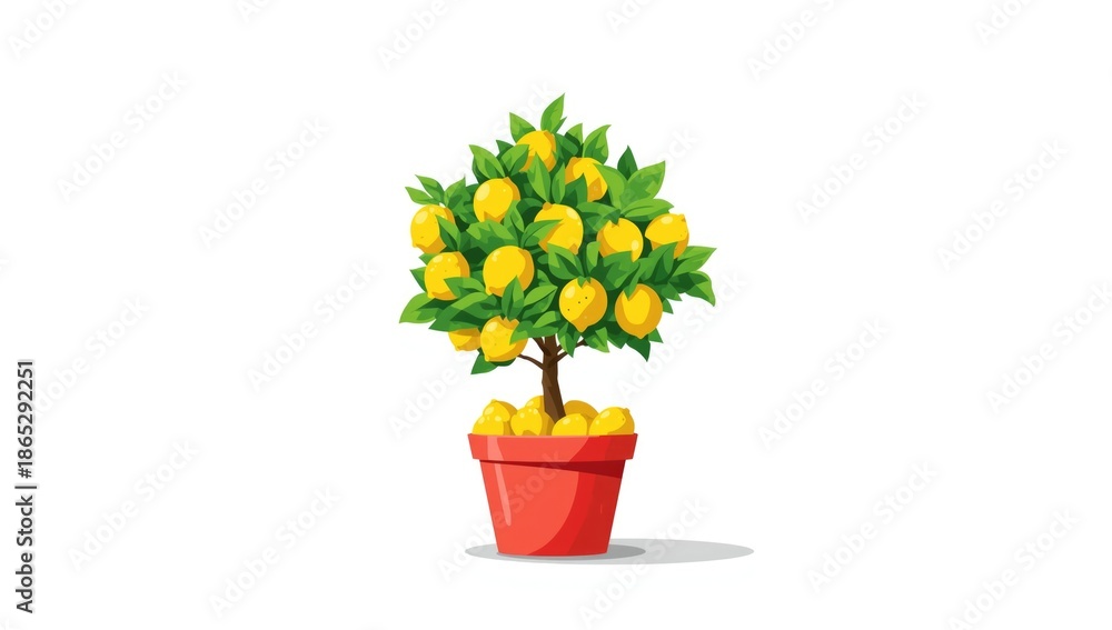 Obraz premium Lush green cartoon lemon tree with big yellow lemons in a red flower pot, ideal for home gardening or decorative layouts