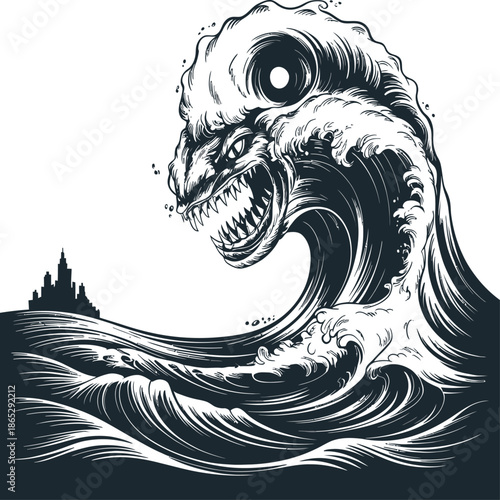 Massive monochrome tsunami wave curls violently near a city skyline symbolizing catastrophic flooding danger and nature’s unstoppable power