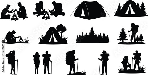 Camping and hiking elements collection with people and tents on transparent background silhouette
