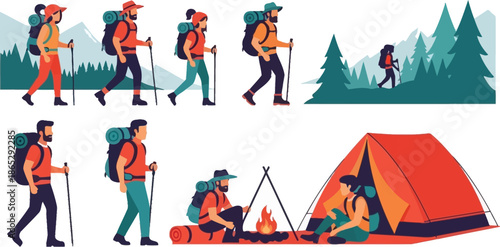 Hiking people progression with camping scene ideal for outdoor designs on transparent background silhouette