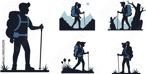 Hiking people in various poses a scenic mountain backdrop on transparent background silhouette